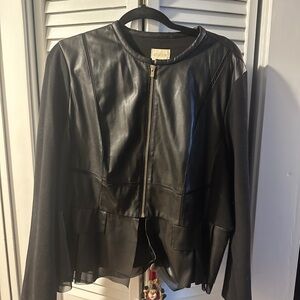 Chico's Black Leather Jacket with Fitted Silhouette and Crew Neck